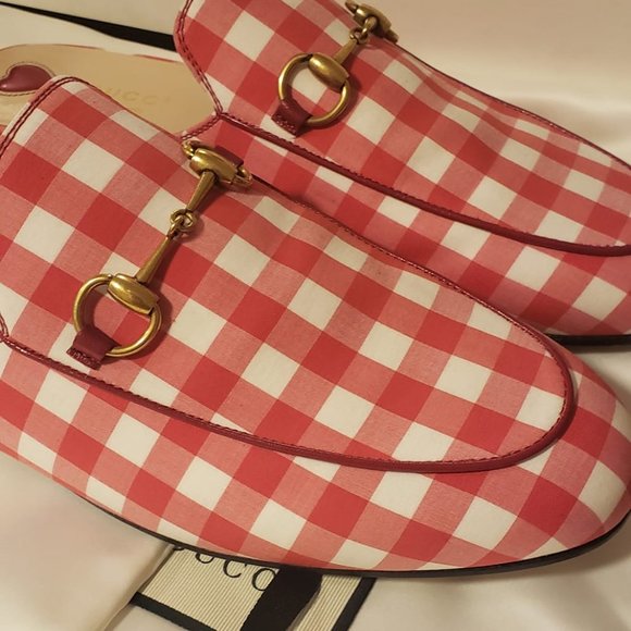 Gucci Princetown Red White Gingham Plaid Slide Loafer Mule Slipper Flat 38.5 - Picture 2 of 7